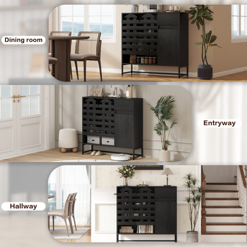 Buffet Cabinet with Storage: 44.49"Black Woven Door Accent Cabinets,with Arched Doors,with Multi layer Adjustable,with Metal Leg,woven door and drawer - for Kitchen Living Dining Room Entryway - Image 3