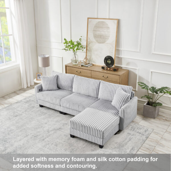 100-inch corduroy fabric sofa with L-shaped modular 3-seat convertible sofa, built-in dual charging ports at the arms, and armrests can be freely placed anywhere