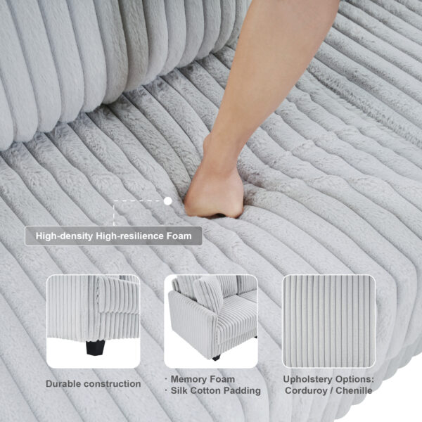 100-inch corduroy fabric sofa with L-shaped modular 3-seat convertible sofa, built-in dual charging ports at the arms, and armrests can be freely placed anywhere