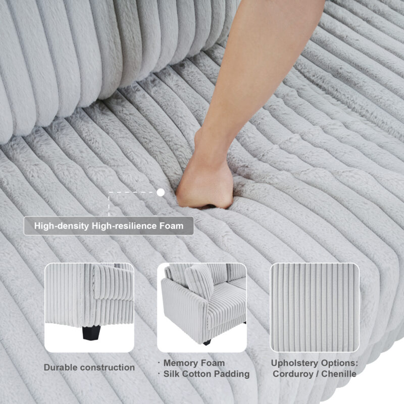 100-inch corduroy fabric sofa with L-shaped modular 3-seat convertible sofa, built-in dual charging ports at the arms, and armrests can be freely placed anywhere - Image 2