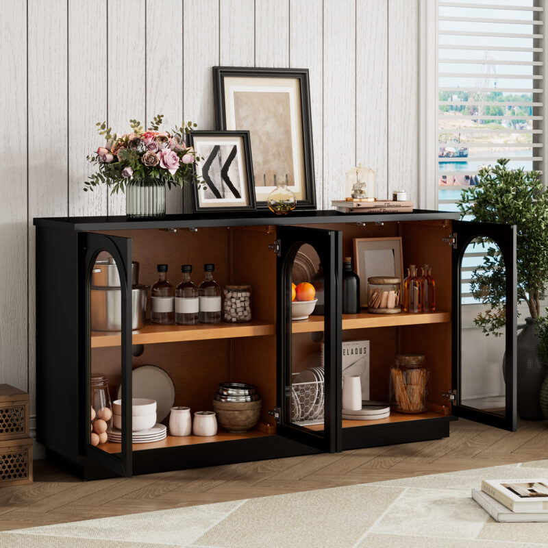 TREXM 4-Door Large Storage Buffet Cabinet with Glass Doors, Arched Cabinet with Adjustable Shelves for Kitchen, Dining Room and Living Room - Image 22