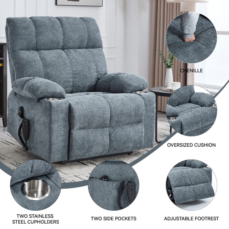 Grey Dual Motor Infinite Position Up to 350 LBS Chenille Power Lift Recliner Chair, Heavy Duty Motion Mechanism with 8-Point Vibration Massage and Lumbar Heating, Dual Cup Holders - Image 12