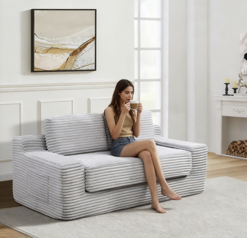 Corduroy Cloud Double Sofa, 2-in-1 Convertible Sofa Bed, Comfortable Boneless Double Sofa, Suitable for Living Room, Apartment, Small Space Grey - Image 7