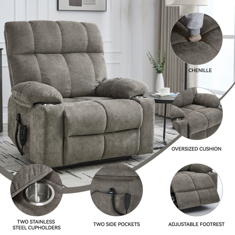 Grey Dual Motor Infinite Position Up to 350 LBS Chenille Power Lift Recliner Chair, Heavy Duty Motion Mechanism with 8-Point Vibration Massage and Lumbar Heating, Dual Cup Holders - Image 21