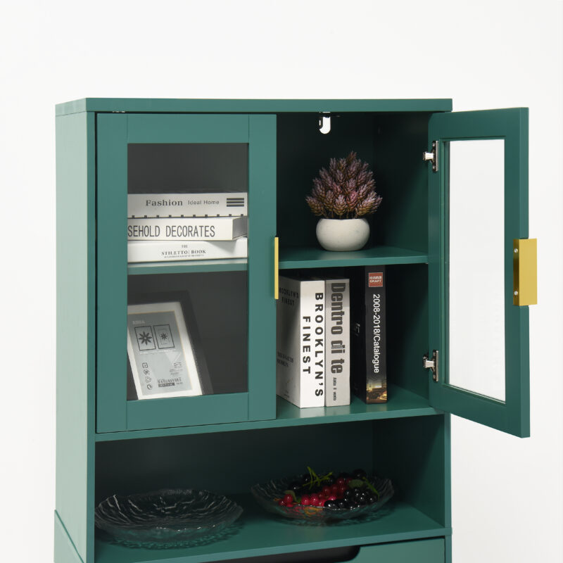 Tempered Glass Door Tall Storage Bookcase with adjustable board, 4 doors MDF painting finished cabinet, Green, Living room Bedroom storage - Image 7