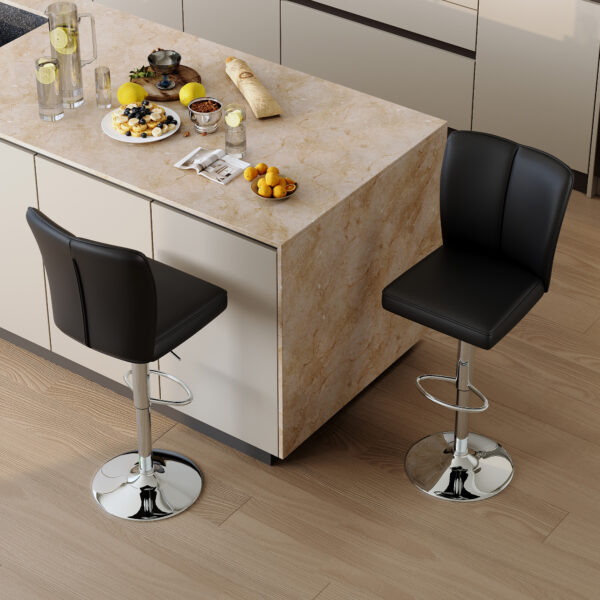 Modern Black PU Bar Stool Set - 2-Piece, featuring vertical and smooth-lined backrests with trumpet-shaped silver metal legs. Ideal for placement in bars, living rooms, lounges, and similar settings