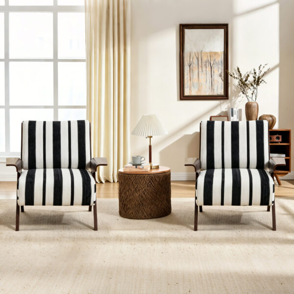 Modern armchair Widened armrests on both sides Solid wood legs Comfortable to sit on, casual reading chair, living room, bedroom, office Black and white stripes(One Pack)