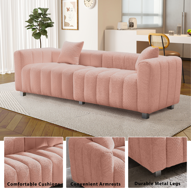 87.4'' Premium Velvet Sofa 3-Seater Loveseat, Modern Bubble Upholstered Couch with Metal Base Legs and 2 Pillows for Living Room, Bedroom - Image 5