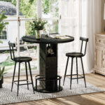 3-Piece Bar Table and Stool Set 31.5-inch round bar table with two stools Compact wooden dining bar with metal ring footrest Ideal for restaurants, cafes, bars, living rooms, and small spaces - Image 4