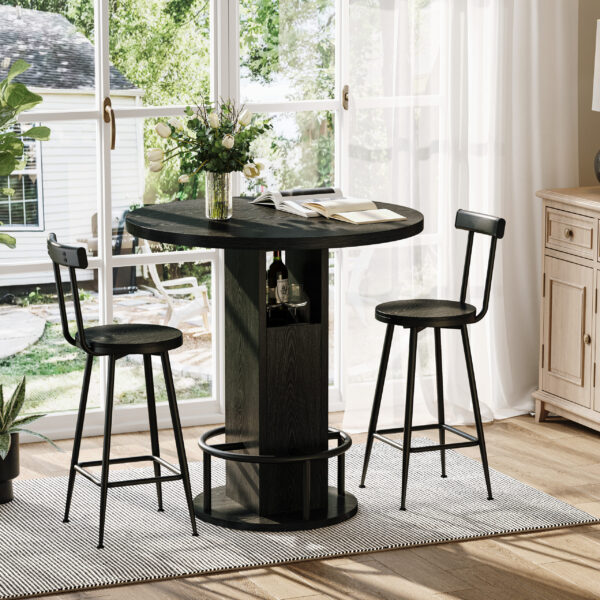 3-Piece Bar Table and Stool Set 31.5-inch round bar table with two stools Compact wooden dining bar with metal ring footrest Ideal for restaurants, cafes, bars, living rooms, and small spaces