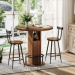 3-Piece Bar Table and Stool Set 31.5-inch round bar table with two stools Compact wooden dining bar with metal ring footrest Ideal for restaurants, cafes, bars, living rooms, and small spaces - Image 5