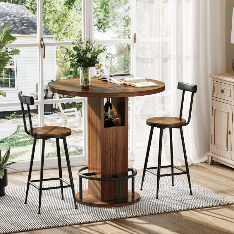3-Piece Bar Table and Stool Set 31.5-inch round bar table with two stools Compact wooden dining bar with metal ring footrest Ideal for restaurants, cafes, bars, living rooms, and small spaces - Image 5