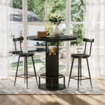 3-Piece Bar Table and Stool Set 31.5-inch round bar table with two stools Compact wooden dining bar with metal ring footrest Ideal for restaurants, cafes, bars, living rooms, and small spaces - Image 3