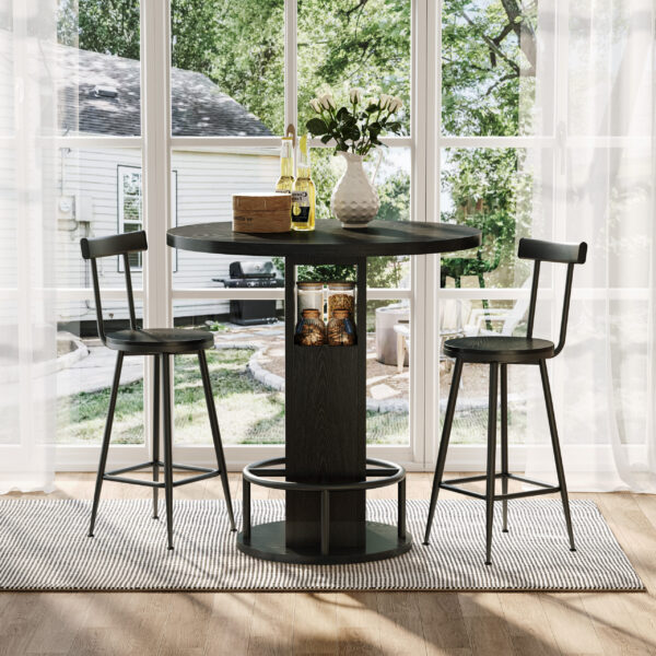 3-Piece Bar Table and Stool Set 31.5-inch round bar table with two stools Compact wooden dining bar with metal ring footrest Ideal for restaurants, cafes, bars, living rooms, and small spaces