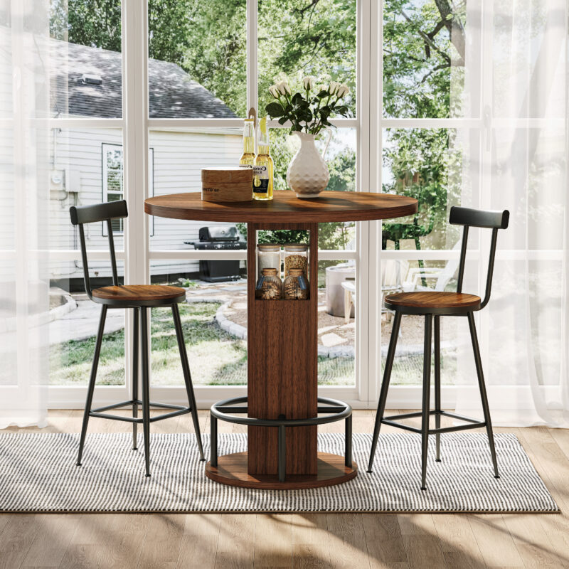 3-Piece Bar Table and Stool Set 31.5-inch round bar table with two stools Compact wooden dining bar with metal ring footrest Ideal for restaurants, cafes, bars, living rooms, and small spaces - Image 7