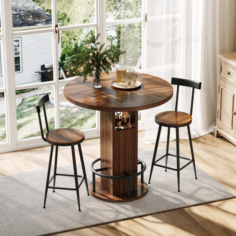 3-Piece Bar Table and Stool Set 31.5-inch round bar table with two stools Compact wooden dining bar with metal ring footrest Ideal for restaurants, cafes, bars, living rooms, and small spaces - Image 6
