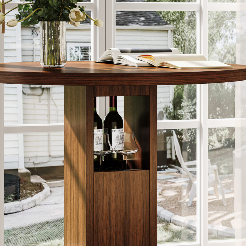 3-Piece Bar Table and Stool Set 31.5-inch round bar table with two stools Compact wooden dining bar with metal ring footrest Ideal for restaurants, cafes, bars, living rooms, and small spaces - Image 8