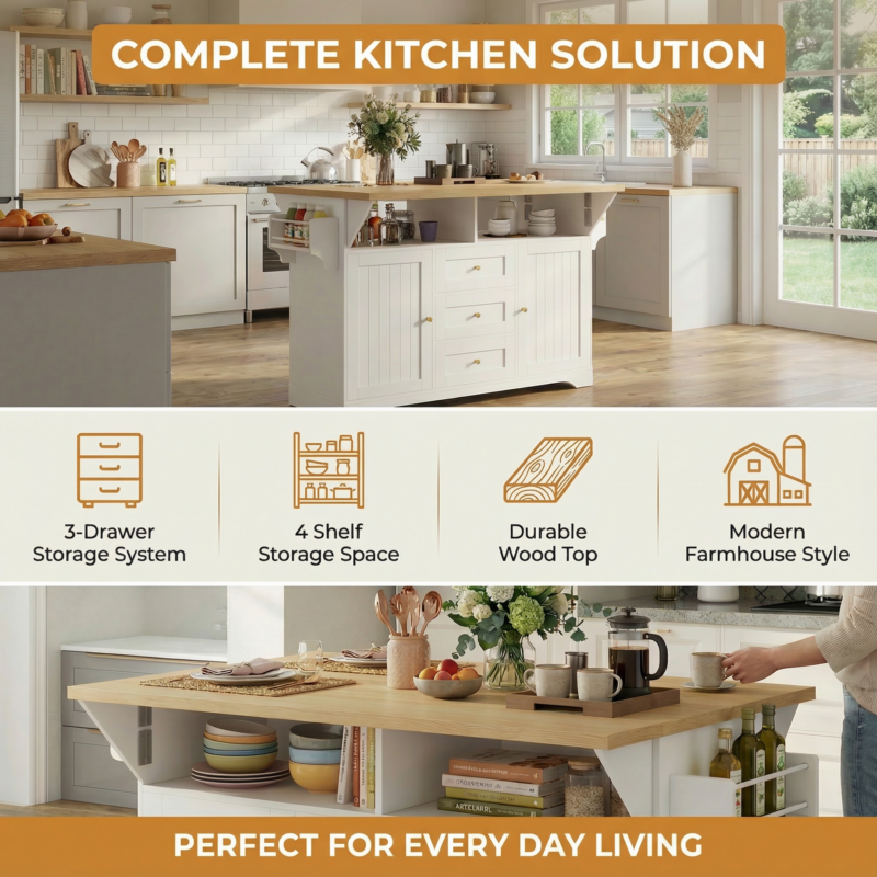 Large Kitchen Island with 2 Drop Leaf,Rolling Kitchen Cart on 5 Wheels with Power Outlet,Folding Storage Dining Table with Spice & Towel Rack , 3 Drawers, for Kitchen, Dining Room,White - Image 8