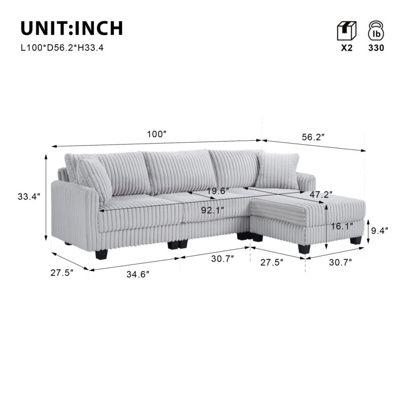 100-inch corduroy fabric sofa with L-shaped modular 3-seat convertible sofa, built-in dual charging ports at the arms, and armrests can be freely placed anywhere - Image 8