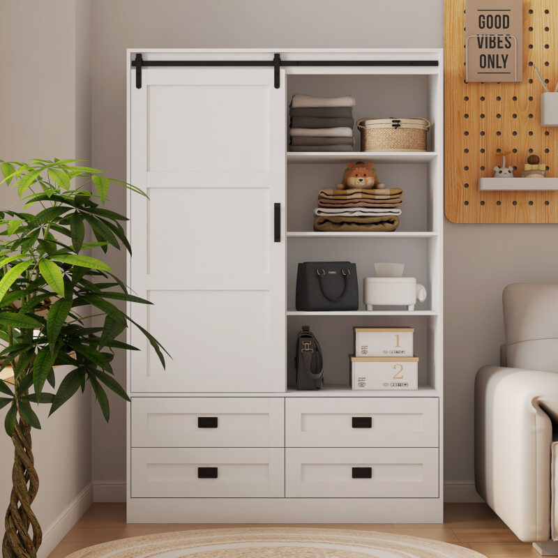 Tall Bedroom Armoire Wardrobe Closet Clothing Storage Cabinet with Hanging Rod Barn Door Drawers Open Shelves - Image 4