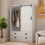 Tall Bedroom Armoire Wardrobe Closet Clothing Storage Cabinet with Hanging Rod Barn Door Drawers Open Shelves - Image 7