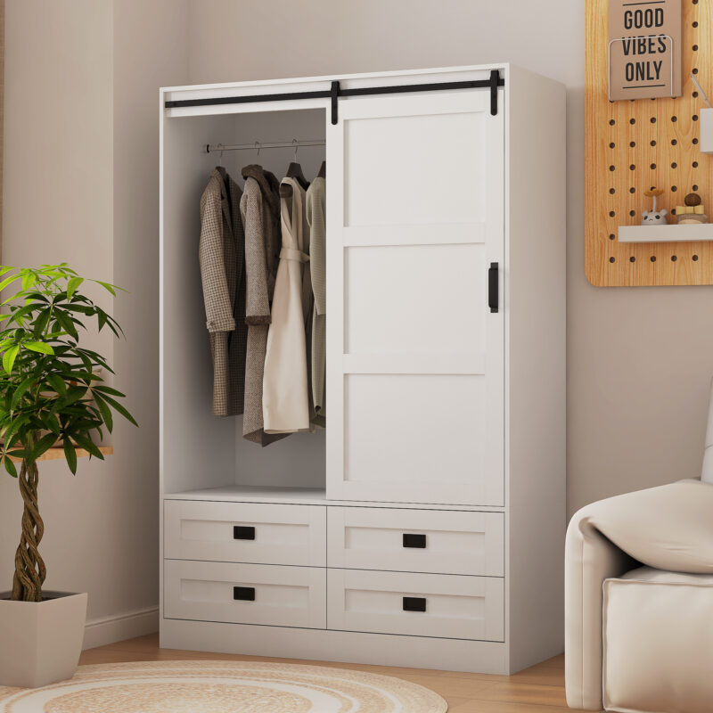 Tall Bedroom Armoire Wardrobe Closet Clothing Storage Cabinet with Hanging Rod Barn Door Drawers Open Shelves - Image 7
