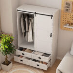 Tall Bedroom Armoire Wardrobe Closet Clothing Storage Cabinet with Hanging Rod Barn Door Drawers Open Shelves - Image 6