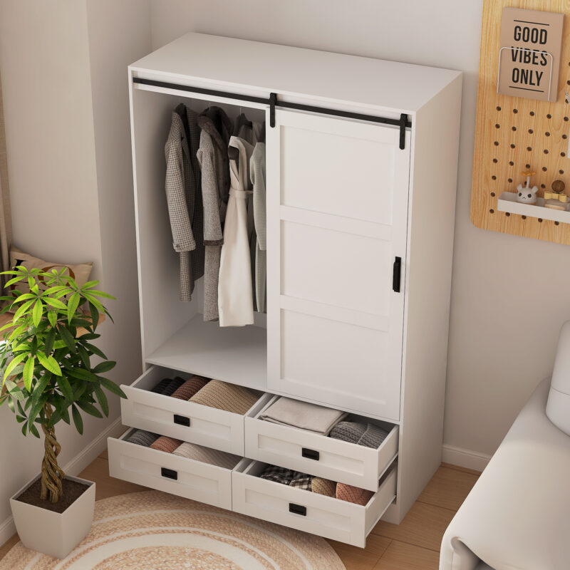 Tall Bedroom Armoire Wardrobe Closet Clothing Storage Cabinet with Hanging Rod Barn Door Drawers Open Shelves - Image 6