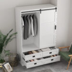 Tall Bedroom Armoire Wardrobe Closet Clothing Storage Cabinet with Hanging Rod Barn Door Drawers Open Shelves - Image 5
