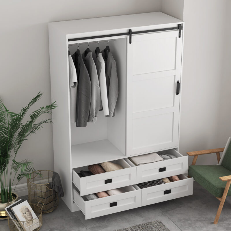 Tall Bedroom Armoire Wardrobe Closet Clothing Storage Cabinet with Hanging Rod Barn Door Drawers Open Shelves - Image 5