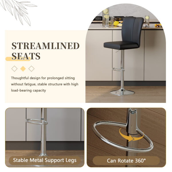 Modern Black PU Bar Stool Set - 2-Piece, featuring vertical and smooth-lined backrests with trumpet-shaped silver metal legs. Ideal for placement in bars, living rooms, lounges, and similar settings