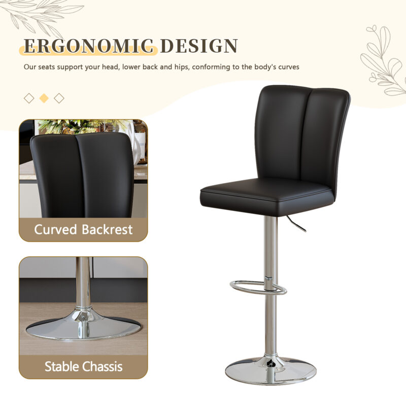 Modern Black PU Bar Stool Set - 2-Piece, featuring vertical and smooth-lined backrests with trumpet-shaped silver metal legs. Ideal for placement in bars, living rooms, lounges, and similar settings - Image 6
