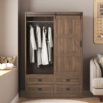 Tall Bedroom Armoire Wardrobe Closet Clothing Storage Cabinet with Hanging Rod Barn Door Drawers Open Shelves - Image 2
