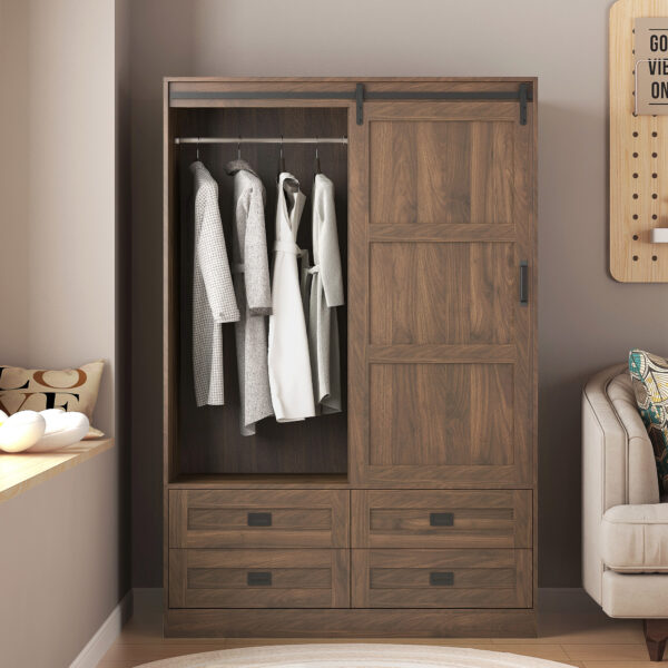 Tall Bedroom Armoire Wardrobe Closet Clothing Storage Cabinet with Hanging Rod Barn Door Drawers Open Shelves