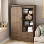 Tall Bedroom Armoire Wardrobe Closet Clothing Storage Cabinet with Hanging Rod Barn Door Drawers Open Shelves - Image 3