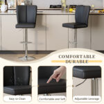 Modern Black PU Bar Stool Set - 2-Piece, featuring vertical and smooth-lined backrests with trumpet-shaped silver metal legs. Ideal for placement in bars, living rooms, lounges, and similar settings - Image 7