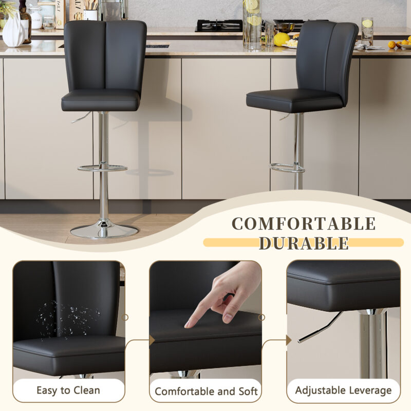 Modern Black PU Bar Stool Set - 2-Piece, featuring vertical and smooth-lined backrests with trumpet-shaped silver metal legs. Ideal for placement in bars, living rooms, lounges, and similar settings - Image 7