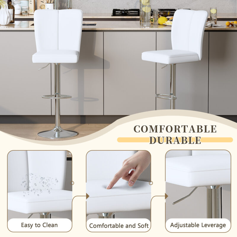 Modern Black PU Bar Stool Set - 2-Piece, featuring vertical and smooth-lined backrests with trumpet-shaped silver metal legs. Ideal for placement in bars, living rooms, lounges, and similar settings - Image 13