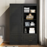 Tall Bedroom Armoire Wardrobe Closet Clothing Storage Cabinet with Hanging Rod Barn Door Drawers Open Shelves - Image 13