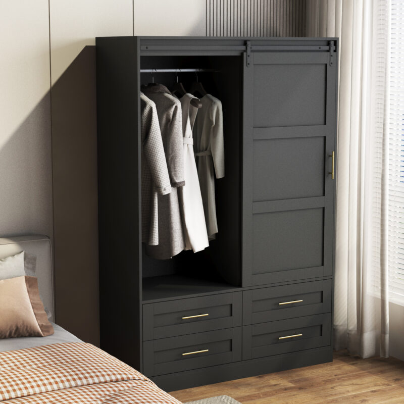Tall Bedroom Armoire Wardrobe Closet Clothing Storage Cabinet with Hanging Rod Barn Door Drawers Open Shelves - Image 12