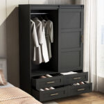 Tall Bedroom Armoire Wardrobe Closet Clothing Storage Cabinet with Hanging Rod Barn Door Drawers Open Shelves - Image 11