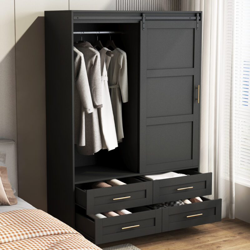 Tall Bedroom Armoire Wardrobe Closet Clothing Storage Cabinet with Hanging Rod Barn Door Drawers Open Shelves - Image 11