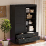 Tall Bedroom Armoire Wardrobe Closet Clothing Storage Cabinet with Hanging Rod Barn Door Drawers Open Shelves - Image 10