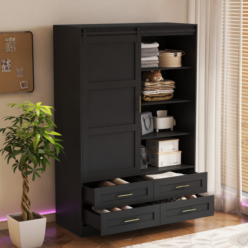 Tall Bedroom Armoire Wardrobe Closet Clothing Storage Cabinet with Hanging Rod Barn Door Drawers Open Shelves - Image 10