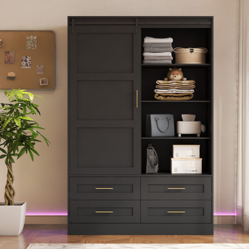 Tall Bedroom Armoire Wardrobe Closet Clothing Storage Cabinet with Hanging Rod Barn Door Drawers Open Shelves - Image 9