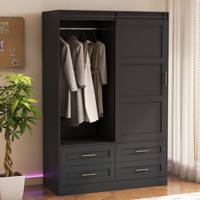 Tall Bedroom Armoire Wardrobe Closet Clothing Storage Cabinet with Hanging Rod Barn Door Drawers Open Shelves - Image 8