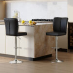Modern Black PU Bar Stool Set - 2-Piece, featuring vertical and smooth-lined backrests with trumpet-shaped silver metal legs. Ideal for placement in bars, living rooms, lounges, and similar settings - Image 2