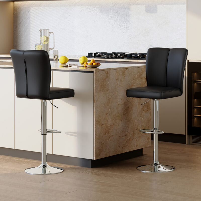 Modern Black PU Bar Stool Set - 2-Piece, featuring vertical and smooth-lined backrests with trumpet-shaped silver metal legs. Ideal for placement in bars, living rooms, lounges, and similar settings - Image 2