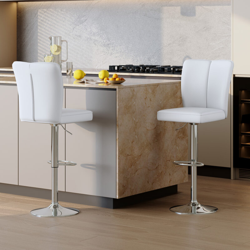 Modern Black PU Bar Stool Set - 2-Piece, featuring vertical and smooth-lined backrests with trumpet-shaped silver metal legs. Ideal for placement in bars, living rooms, lounges, and similar settings - Image 9