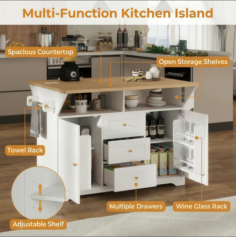 Large Kitchen Island with 2 Drop Leaf,Rolling Kitchen Cart on 5 Wheels with Power Outlet,Folding Storage Dining Table with Spice & Towel Rack , 3 Drawers, for Kitchen, Dining Room,White - Image 7